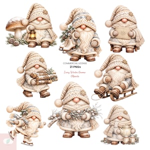 May include: A collection of eight digital illustrations of gnomes wearing ivory knit hats and winter clothing, featuring accessories like lanterns, ice skates, sleds, firewood, and mushrooms, with text reading COMMERCIAL LICENSE 21 PNGs Ivory Winter Gnome Cliparts.