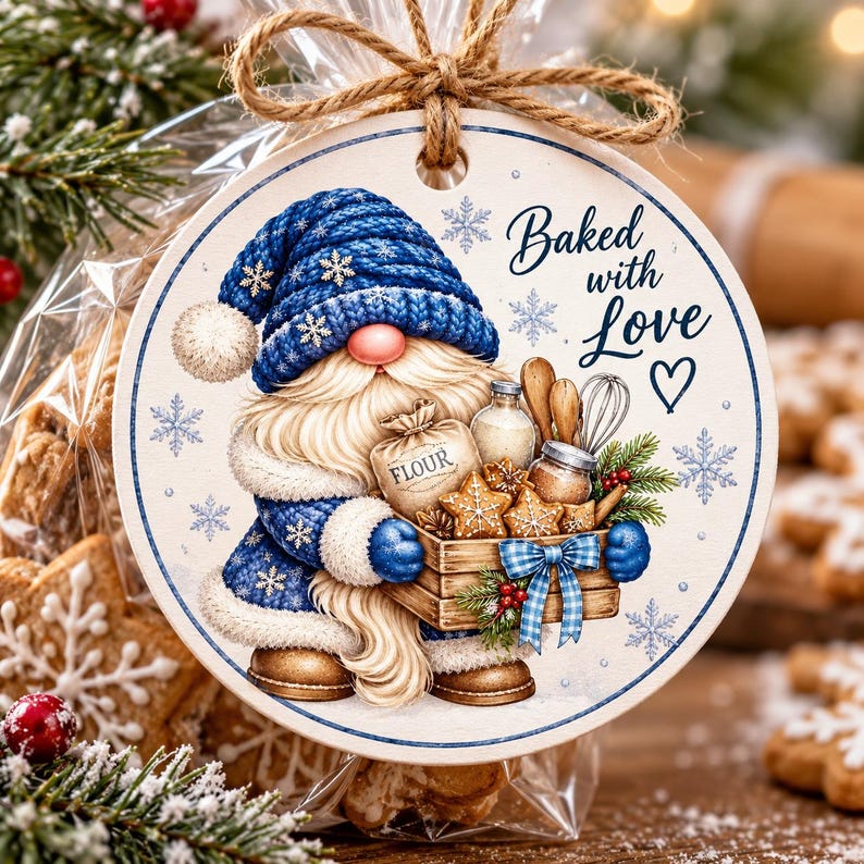 May include: A round white ornament featuring a gnome in a blue knit hat and coat, holding a wooden crate filled with star-shaped cookies, a flour sack, and kitchen tools. The text reads Baked with Love, surrounded by blue snowflake illustrations.