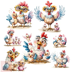 May include: A series of charming watercolour illustrations depicting chickens and chicks. The chickens are wearing glasses, floral headbands, and heart-shaped details. The colour scheme includes blues, pinks, yellows, and whites, creating a cheerful and playful theme.