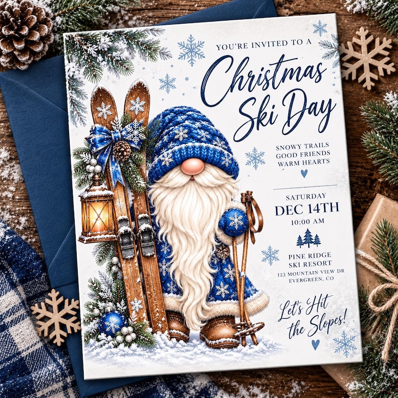 May include: A Christmas ski day invitation card featuring a gnome with a long white beard wearing a blue knit hat and coat. The gnome stands next to wooden skis, a lantern, and ski poles. Text includes: You're invited to a Christmas Ski Day.