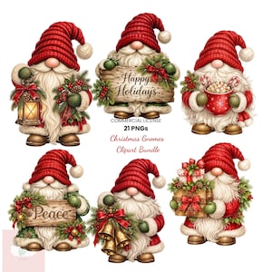 May include: A digital clipart bundle featuring six Christmas gnomes wearing red knit hats. The gnomes hold items including a lantern, a sign reading Happy Holidays, a mug, a sign reading Peace, gold bells, and wrapped gift boxes with bows.