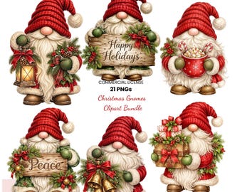 May include: A digital clipart bundle featuring six Christmas gnomes wearing red knit hats. The gnomes hold items including a lantern, a sign reading Happy Holidays, a mug, a sign reading Peace, gold bells, and wrapped gift boxes with bows.