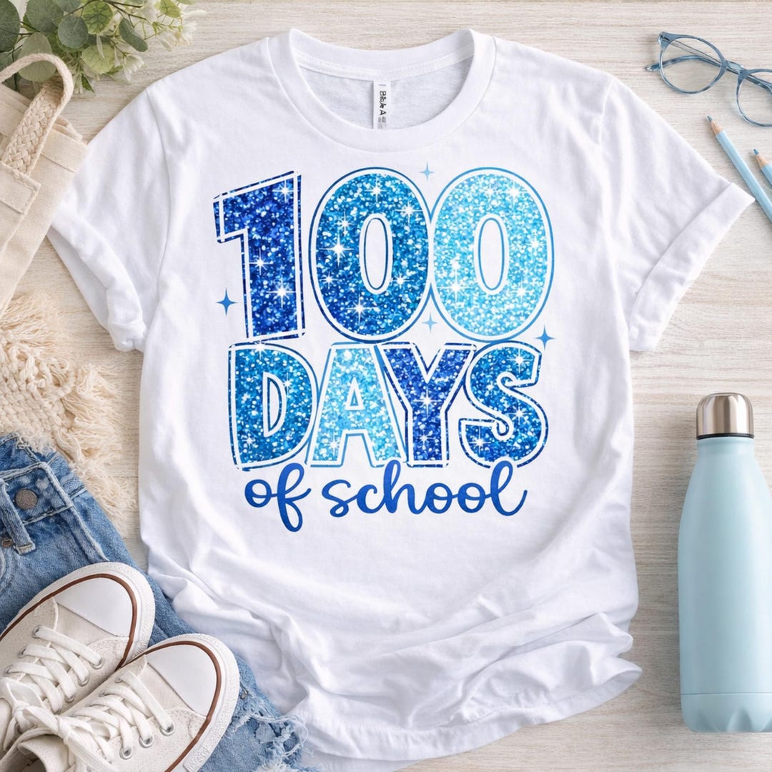 100 Days of School PNG – Blue Faux Glitter Shirt Design for Kids ...