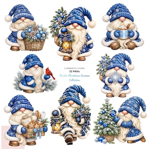 May include: A collection of eight illustrations featuring gnomes wearing blue knit hats with white snowflake patterns and white trim. The gnomes hold various items including a basket of blue ornaments, a lantern, a mug, a cardinal, and a Christmas tree.