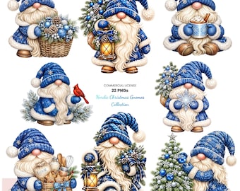 May include: A collection of eight illustrations featuring gnomes wearing blue knit hats with white snowflake patterns and white trim. The gnomes hold various items including a basket of blue ornaments, a lantern, a mug, a cardinal, and a Christmas tree.