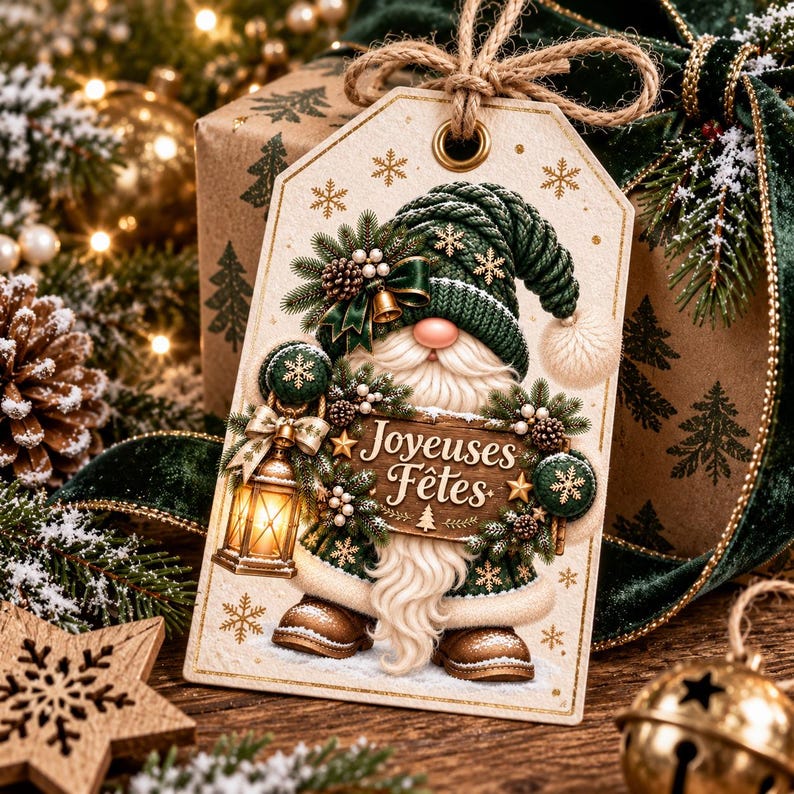 May include: A rectangular gift tag featuring a gnome illustration with a green hat, white beard, and brown boots. The gnome holds a lantern and a wooden sign with the text Joyeuses F&ecirc;tes, decorated with pine branches, pinecones, and snowflakes.