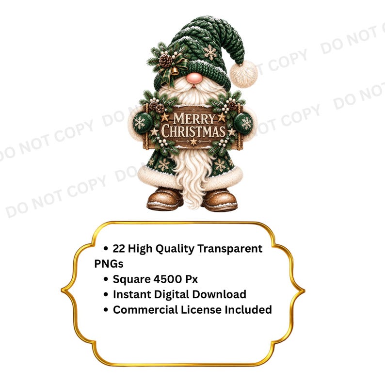 May include: A Christmas gnome illustration wearing a dark green knitted hat and coat with white fur trim, holding a wooden sign that reads Merry Christmas. Below is a gold-bordered label with text: 22 High Quality Transparent PNGs, Square 4500 Px, Instant Digital Download, Commercial License Included.