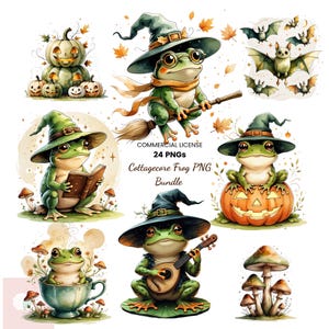 May include: A digital collection of 24 PNG illustrations featuring green frogs wearing witch hats, pumpkins, bats, and mushrooms. The text reads: COMMERCIAL LICENSE 24 PNGs Cottagecore Frog PNG Bundle. These graphics depict frogs reading, flying on brooms, playing lutes, and sitting in teacups.