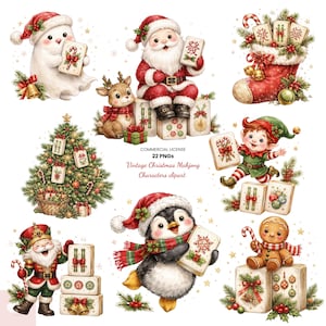 May include: A collection of watercolor-style Christmas illustrations featuring a snowman, Santa Claus, a reindeer, a stocking, a decorated tree, an elf, a nutcracker, a penguin, and a gingerbread man, all holding or sitting near Mahjong tiles.