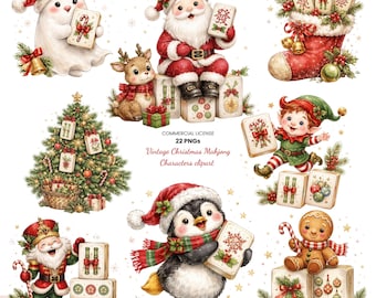 May include: A collection of watercolour-style Christmas illustrations featuring a snowman, Santa Claus, a reindeer, a stocking, a decorated tree, an elf, a nutcracker, a penguin, and a gingerbread man, all holding or sitting near Mahjong tiles.
