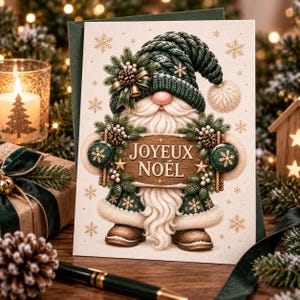 May include: A greeting card featuring a gnome wearing a dark green knit hat and coat with white fur trim. The gnome holds a wooden sign that reads JOYEUX NO&Euml;L, decorated with pine branches, pinecones, and gold stars against a cream background.