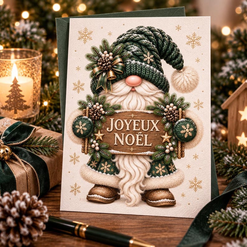 May include: A greeting card featuring a gnome wearing a dark green knit hat and coat with white fur trim. The gnome holds a wooden sign that reads JOYEUX NO&Euml;L, decorated with pine branches, pinecones, and gold stars against a cream background.