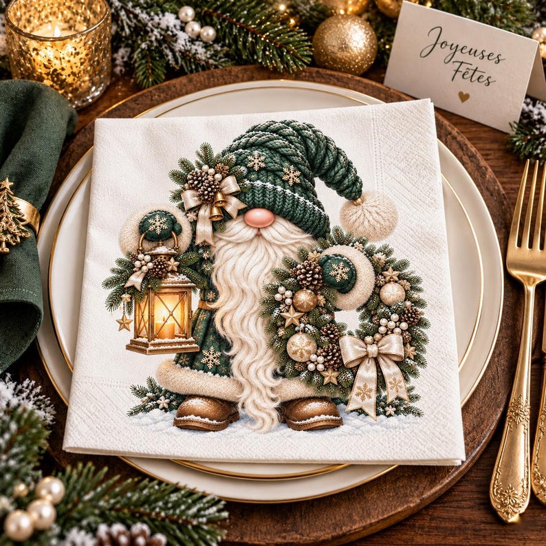 May include: A white paper napkin featuring a printed illustration of a gnome wearing a dark green knit hat and coat, holding a lit lantern and a decorated wreath with pinecones, gold ornaments, and a bow, standing on a snowy surface.