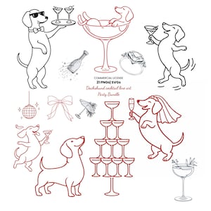 Op de afbeelding: Een digitale collectie van zwart-rode lijntekeningen met teckels in feestelijke settings, cocktailglazen, een champagnefles, een diamanten ring, een discobal, een strik en een cocktailparaplu, met de tekst COMMERCIAL LICENSE 21 PNGs|SVGs Dachshund cocktail line art Party Bundle.