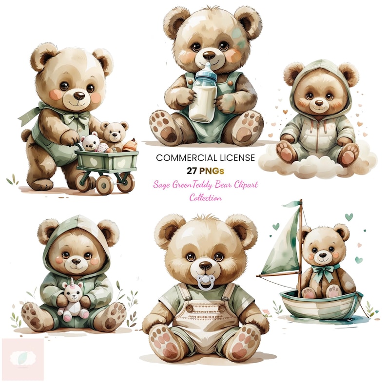 Boho Sage Green Baby Teddy Bear Clipart Bundle, Nursery Clipart Set ...