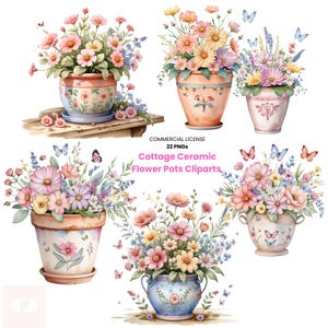 May include: Watercolor illustrations of cottage ceramic flower pots filled with colorful flowers and butterflies. The image includes various pots with different designs and floral arrangements. Text reads "Cottage Ceramic Flower Pots Cliparts."