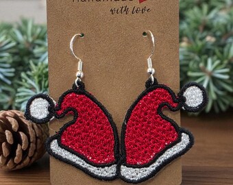 Pendientes con gorro de Papá Noel FSL / Diseño de bordado de encaje independiente / Archivo para adorno o pendientes navideños / Patrón de bordado a máquina navideño