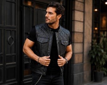 Gilet de motard en cuir de vachette véritable pour homme, gilet matelassé à losanges