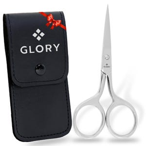 May include: A pair of silver-colored metal scissors with pointed blades and circular finger loops, positioned next to a black rectangular storage case featuring a snap button closure and the white text GLORY with a four-diamond logo.