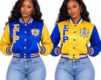 Chaqueta universitaria corta para mujer – Chaqueta bomber de satén Sigma Gamma Rho, chaqueta con letras griegas, azul real y dorado.