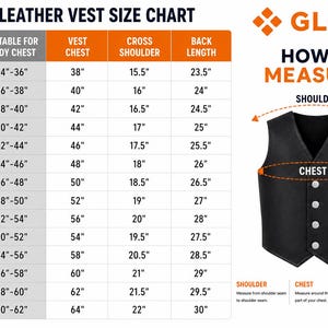 Peut inclure: Un tableau des tailles pour gilet en cuir intitul&eacute; MEN'S LEATHER VEST SIZE CHART. Il comprend des colonnes pour la taille, le tour de poitrine, la largeur d'&eacute;paule et la longueur du dos en pouces. Un graphique montre un gilet noir avec des mesures.