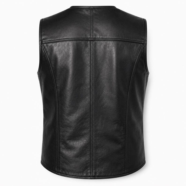 Puede incluir: Un chaleco de cuero negro con acabado liso, cuello redondo y detalles de costuras verticales en el panel posterior. La prenda est&aacute; confeccionada con m&uacute;ltiples paneles unidos mediante costuras reforzadas, creando una silueta estructurada.