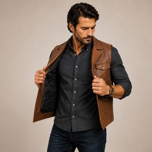 Peut inclure: Un gilet en cuir marron dot&eacute; d'un col pointu, de deux poches poitrine &agrave; rabat boutonn&eacute; et d'une doublure int&eacute;rieure matelass&eacute;e noire. Le gilet est port&eacute; sur une chemise boutonn&eacute;e gris fonc&eacute; et un jean bleu fonc&eacute;, cr&eacute;ant un style superpos&eacute;.
