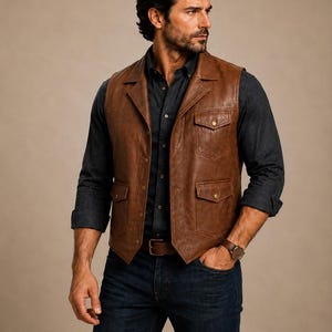 Peut inclure: Un gilet en cuir marron dot&eacute; d'un revers crant&eacute;, d'une poche poitrine avec rabat boutonn&eacute; et de deux poches inf&eacute;rieures avec rabats boutonn&eacute;s. Le gilet est port&eacute; sur une chemise boutonn&eacute;e gris anthracite et un jean bleu fonc&eacute; avec une ceinture marron.