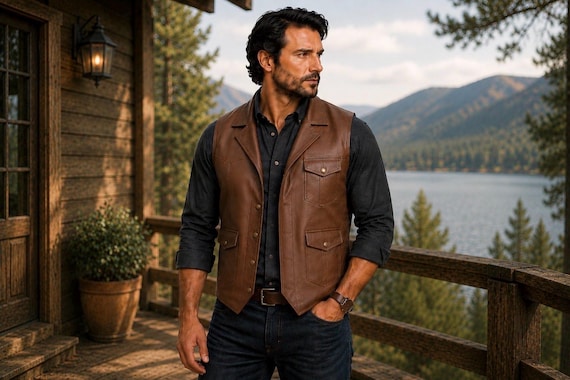 Men’s Leather Motorcycle Vest, Brown Biker Vest, Genuine Leather Riding Vest, Causal Vest, Vintage Look Sleeveless Vest