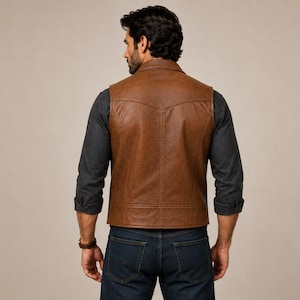 Peut inclure: Un gilet en cuir marron dot&eacute; d'un empi&egrave;cement arri&egrave;re pointu, d'un col structur&eacute; et de coutures apparentes. Le gilet est port&eacute; sur une chemise &agrave; manches longues gris fonc&eacute; et un jean bleu fonc&eacute;, offrant une silhouette ajust&eacute;e vue de dos.