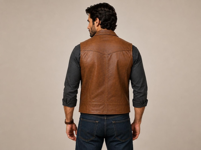 Peut inclure: Un gilet en cuir marron dot&eacute; d'un empi&egrave;cement arri&egrave;re pointu, d'un col structur&eacute; et de coutures apparentes. Le gilet est port&eacute; sur une chemise &agrave; manches longues gris fonc&eacute; et un jean bleu fonc&eacute;, offrant une silhouette ajust&eacute;e vue de dos.