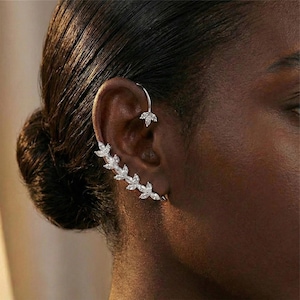 May include: A silver ear cuff with a leaf design. The ear cuff curves along the ear and features multiple clear, sparkling stones. The design includes a small leaf-shaped stud and a series of leaf-shaped accents.