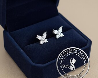 Butterfly Stud Earrings, Sparkling Zircon on 925 Sterling Silver, 0.7cm Mini Studs, Next-Day Dispatch