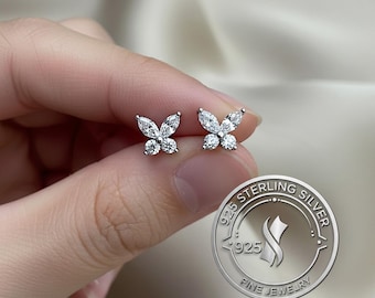 Dainty Butterfly Stud Earrings / Sparkling Zircon 0.7cm, 925 Sterling Silver, Gift for Her