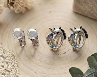 Unicorn & Crystal Clip On Earrings Set | Kids Gift Non Pierced | 6mm 13mm