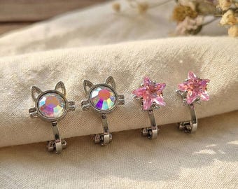 Set oorbellen met kat en roze ster | Clip-on zonder piercing | Cadeau voor meisjes: 2 paar