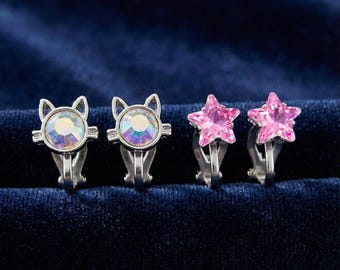 Set niet-piercing oorbellen voor kinderen | 2 paar clip met kat en roze ster voor kindercadeaus