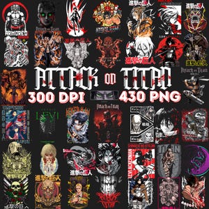 May include: A selection of graphic designs featuring characters and logos from the anime series "Attack on Titan." The images include character illustrations, text, and the series title in bold white letters. The text "300 DPI" and "430 PNG" are also visible.