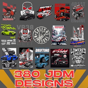 May include: A collection of JDM (Japanese Domestic Market) car designs, featuring various car models and engine illustrations. The designs include text such as "Drifting", "Nissan SR20", and "380 JDM Designs". The color palette includes red, black, white, and blue.