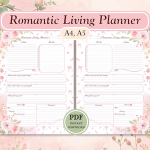 May include: A pink and white Romantic Living Planner with floral accents. The planner includes sections for notes, to-do lists, and prompts for self-reflection. The text "A4, A5" is visible, along with "PDF INSTANT DOWNLOAD".