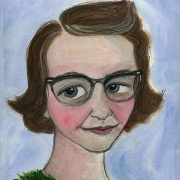 Flannery O'Connor Kunstdruck, literarisches Porträt (6x8) Southern Gothic Schriftsteller mit Pfauenfeder.