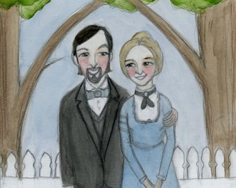 Custom Family Portrait, Victorian Couple with pet, Art commission, Watercolor portrait painting, Wedding Portrait