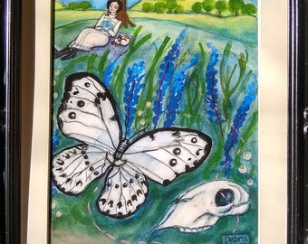 Surrealist Butterfly Soul Art Print: Sleeping Woman Portrait, Horse Skull - 6x8