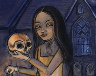 Dauntless Girl Art Print, British Folktale Goth Skull Illustration (6x8)