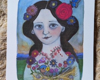 Roman Goddess Flora, Spring Blossom Art Print, Floral Deity Illustration (6x8) Garden Witch