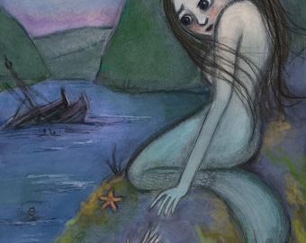 Lorelei Mermaid Art Print: German Folktale Siren Portrait - Gothic Fairy Tale Illustration (6x8)