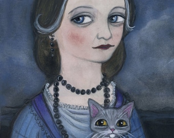 Cat Lady Portrait Art Print: 19th Century Style Watercolor (6x8)The Lady and the Toe Beans