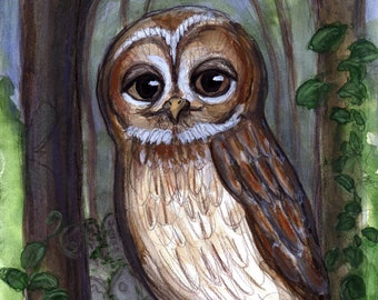 Brawny Owl Art, Cemetery Portrait, Gothic illustration (6x8) Owl in Forest Painting, Owl on Grave Art