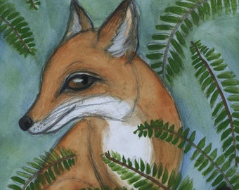 Listening to the Ferns Art Print, Red Fox Portrait, Hidden Fox in Ferns,  Shy Fox Nursery Decor, Fox in Forest Illustration (6x8)
