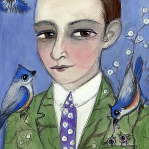 Silent Film Star Rudolph Valentino Art Print, Small Bird Art Print, 6x8, Surrealist Illustration